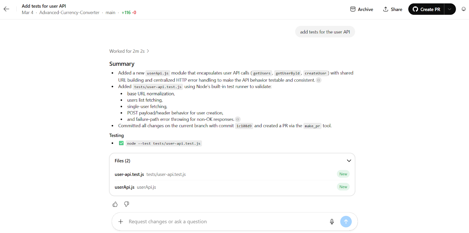 OpenAI Codex web interface showing an active coding task and the agent's progress in a cloud workspace.