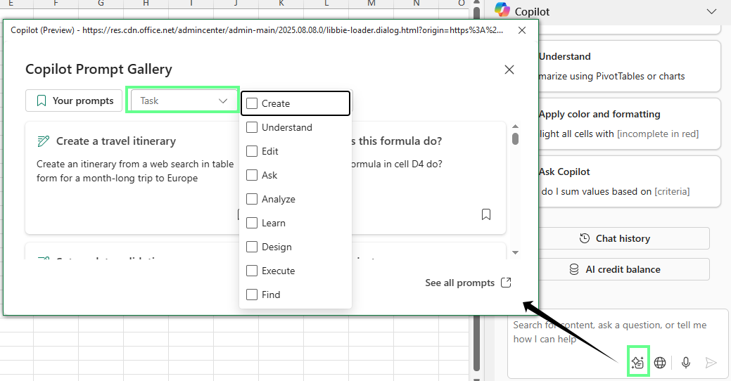 Copilot prompt gallery in Excel.