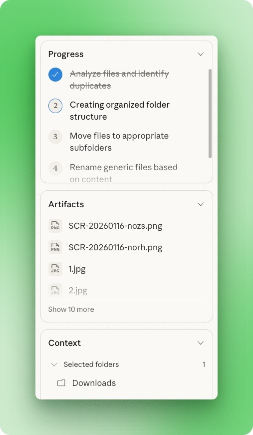 Claude Cowork progress sidebar showing real-time task updates