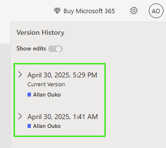 Version History in Excel in Onedrive