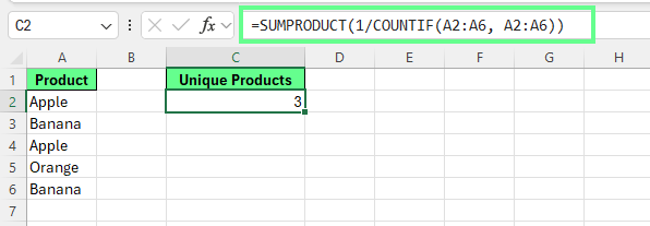 Combining SUMPRODUCT with COUNTIF.