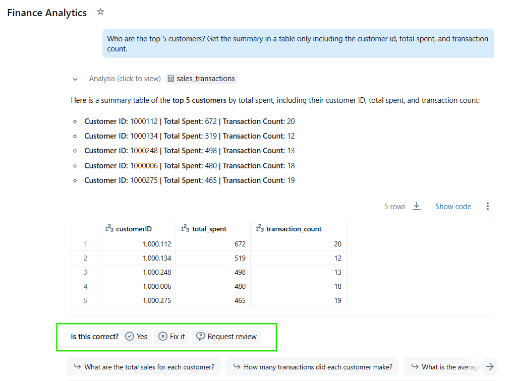 Response evaluation in Genie Space.