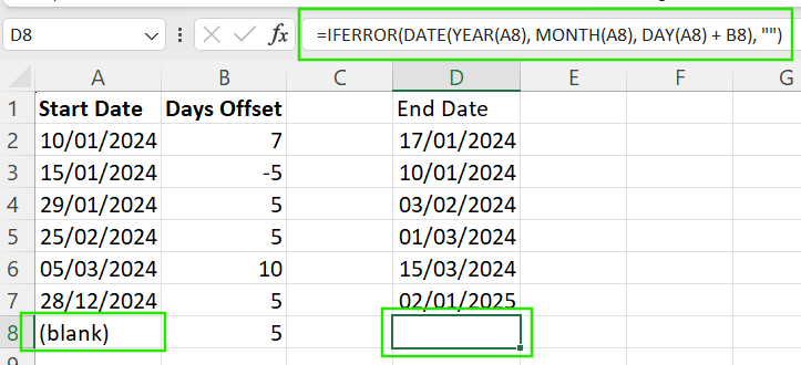 How to use IFERROR() to handle blank dates in Excel.
