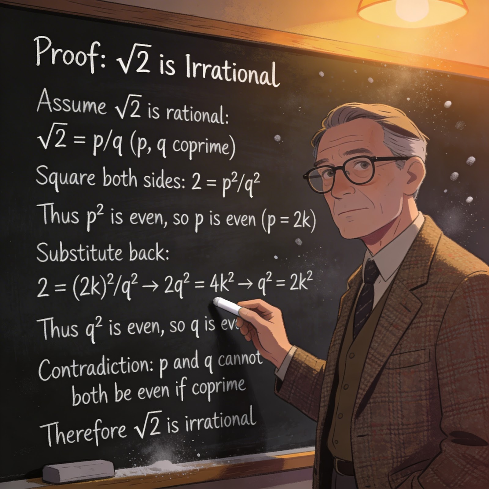 BytePlus Seedream 4.5 AI-generated illustration of a math professor pointing at a chalkboard with a clear, step-by-step proof that the square root of 2 is irrational, showcasing sharp text rendering.