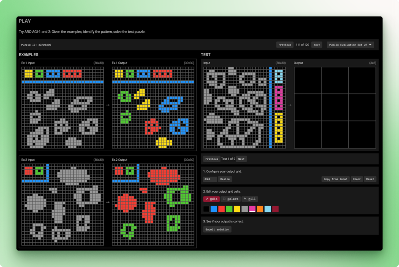 ARC-AGI-2 puzzle interface showing input-output grid examples where models must infer the transformation rule