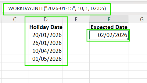 How to use WORKDAY.INTL() to skip custom holidays/weekends when adding days to a date in Excel.