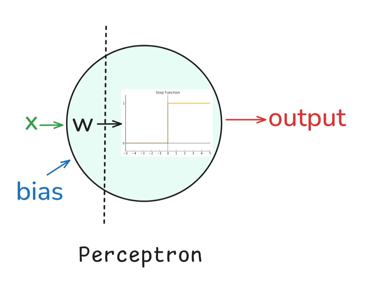 Figure shows the inner workings of a single Perceptron. Image by Author.