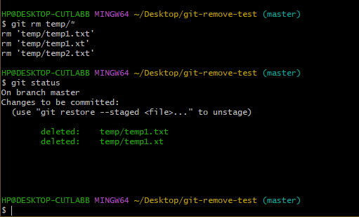 Deleting files inside a folder using git rm command.