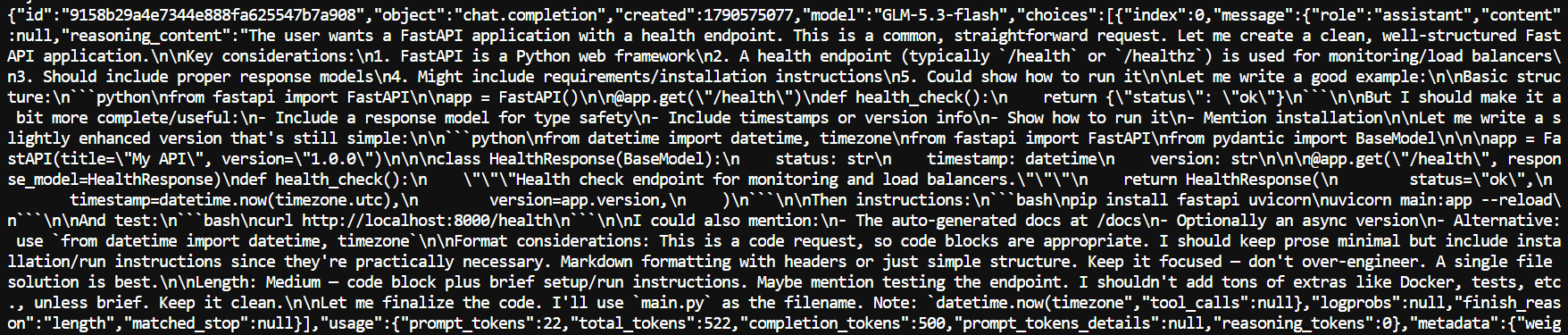 Chat completion response generated by GLM-5.3-Flash through the KTransformers OpenAI-compatible API