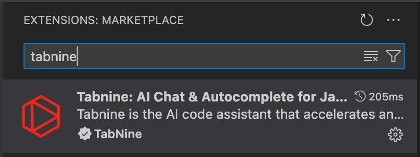 Lista de extensões Tabnine na interface do VS Code Marketplace mostrando os resultados da pesquisa e a opção de instalação.