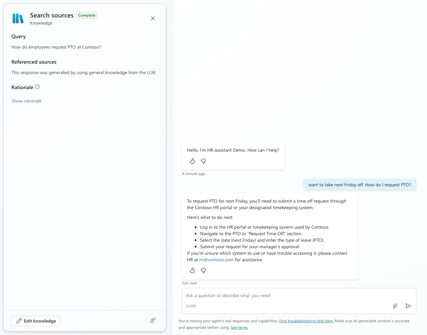 Microsoft Copilot Agent test panel