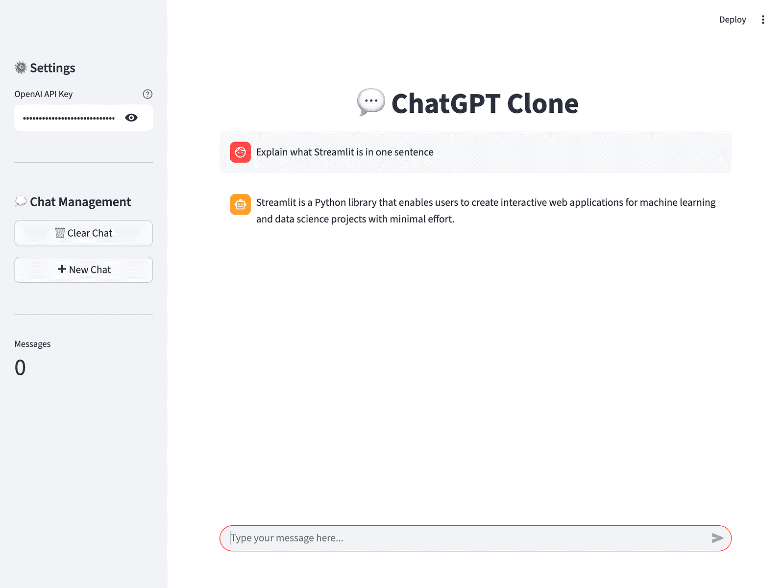 Fresh conversation started with new user question and AI response, demonstrating clean state after clearing previous chat history, polished interface ready for production use