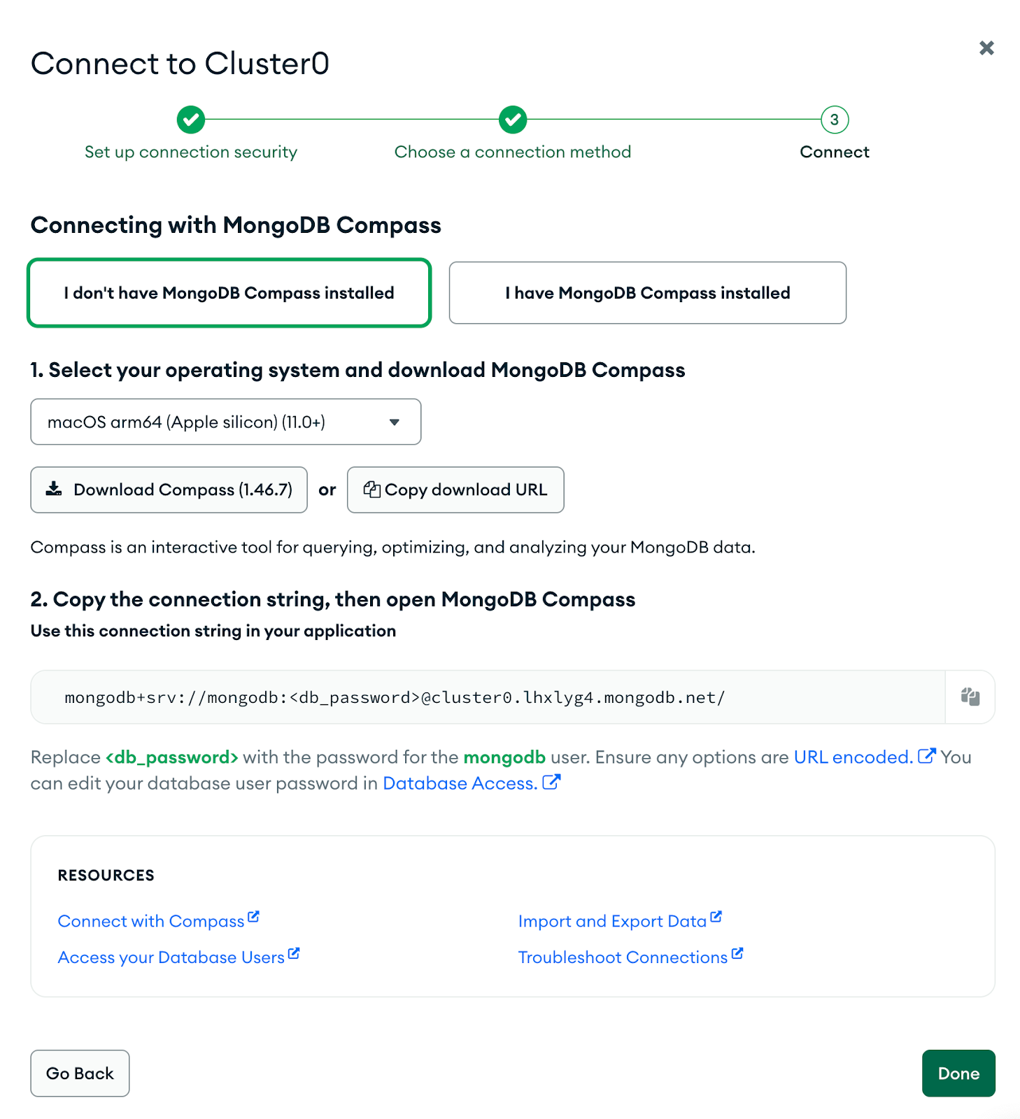 Getting connection string to connect to Compass
