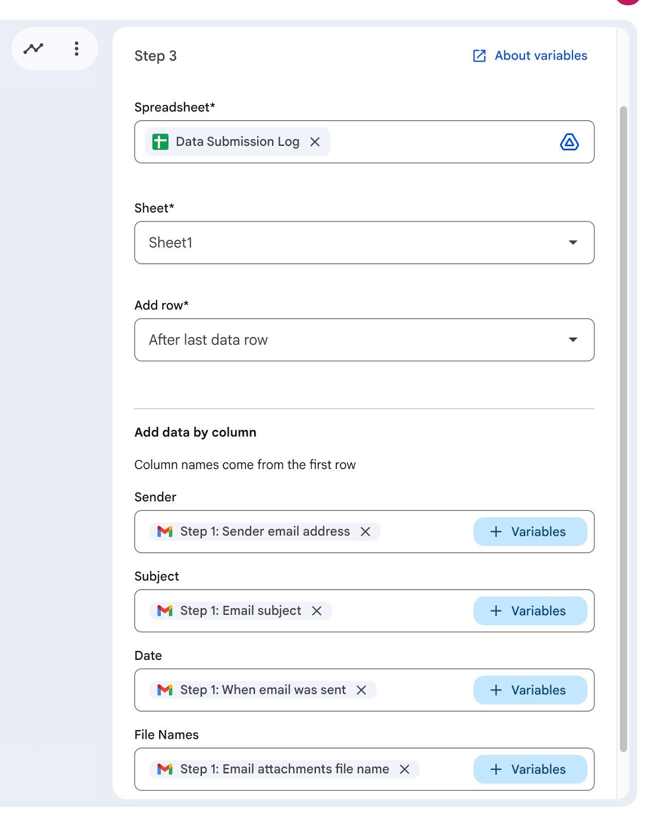 Google Workspace Studio configuration screen mapping email variables to Google Sheets columns