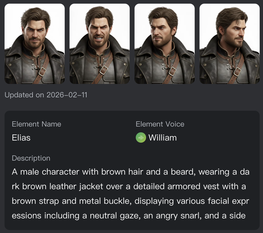 Kling AI element editor showing the “Elias” character for subject binding—brown‑haired, bearded fantasy adventurer in a dark leather jacket and armored vest—with four portrait references (neutral, angry, left and right angles) and voice set to William, demonstrating character creation and consistency in Kling 3.0 video generation.