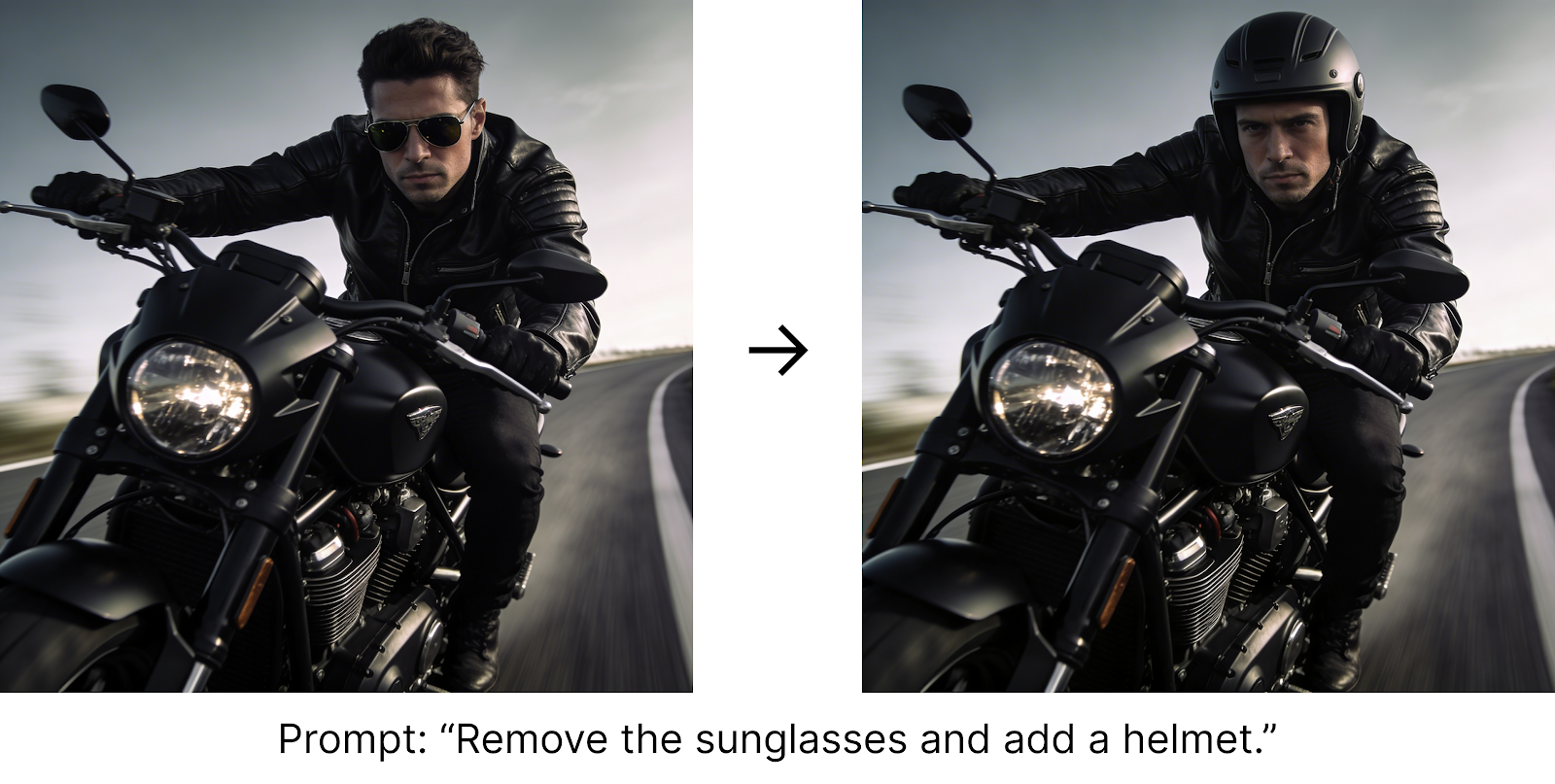 Seedream 4.5 image editing demo: side-by-side motorcyclist on a black bike, before with sunglasses and no helmet, after with helmet added, illustrating the prompt “Remove the sunglasses and add a helmet.”