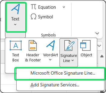 Füge die Registerkarte mit der Option „Signaturzeile“ ein.