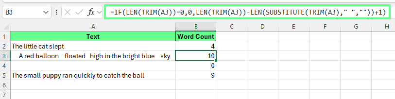 Use TRIM-LEN-SUSTITUDE to count words excluding extra spaces in Excel.