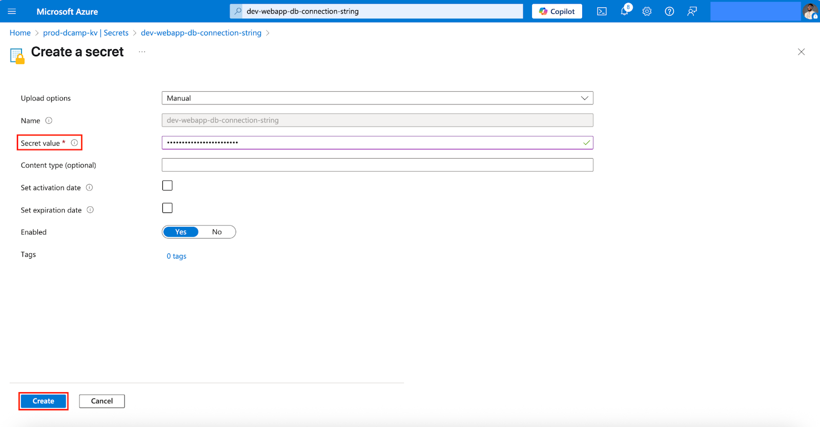 Screenshot of the “New Version” form for a secret in Azure Key Vault. The new secret value is entered in the “Secret value” field. The “Create” button is visible at the bottom.