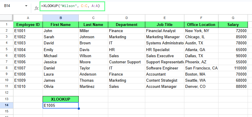 XLOOKUP in Google Sheets