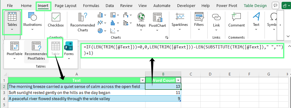 Count words in an Excel table.