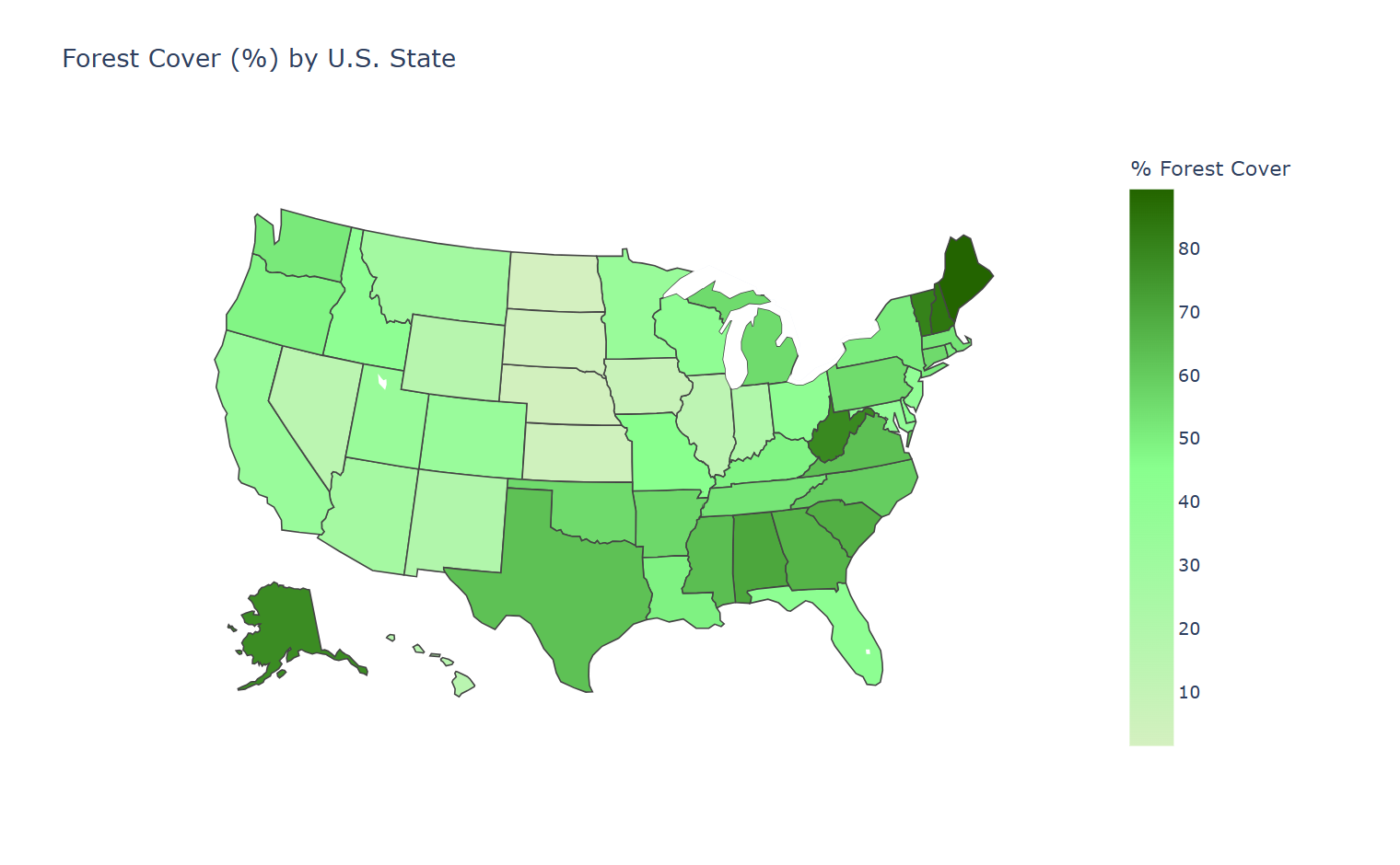 Aqui, fizemos um mapa coroplético bem básico mostrando a estimativa da cobertura florestal em cada estado dos Estados Unidos. É fácil ver quais estados têm mais cobertura florestal, porque eles são coloridos com um tom de verde mais escuro do que aqueles com menos cobertura florestal.