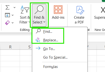 Find and Replace in Excel ribbon