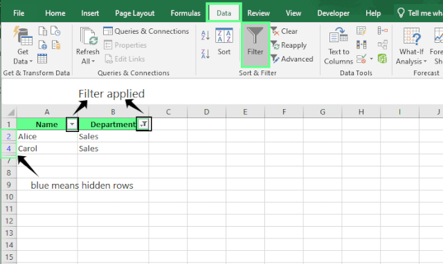 Las filas se ocultaron cuando se aplicó el filtro en Excel.