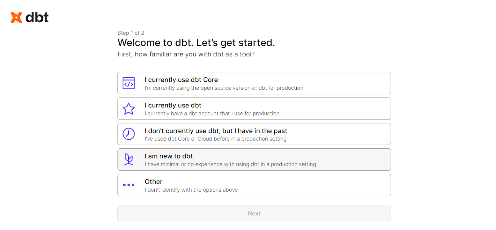 dbt starting options