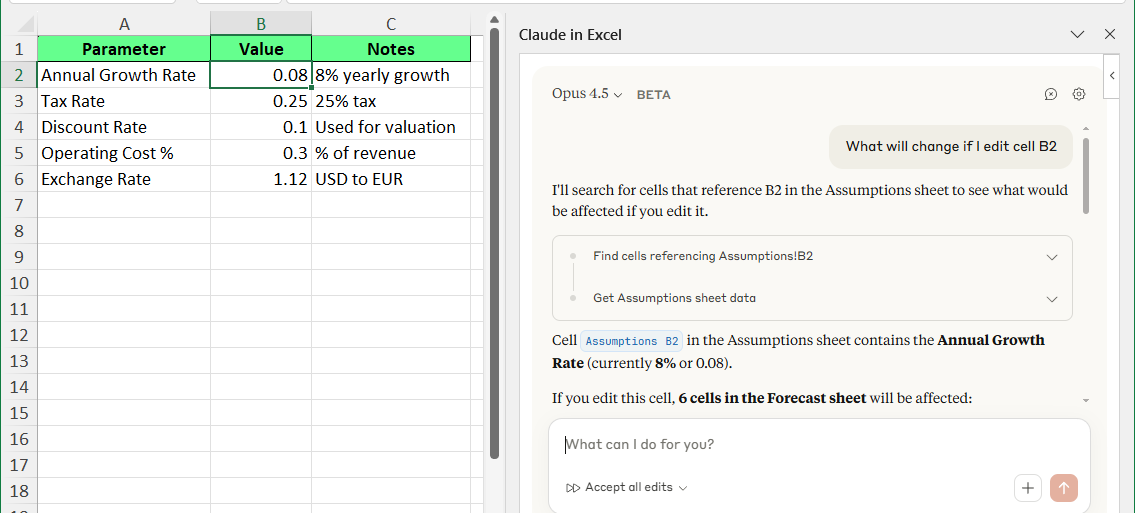 Change the assumption safely with Claude in Excel.