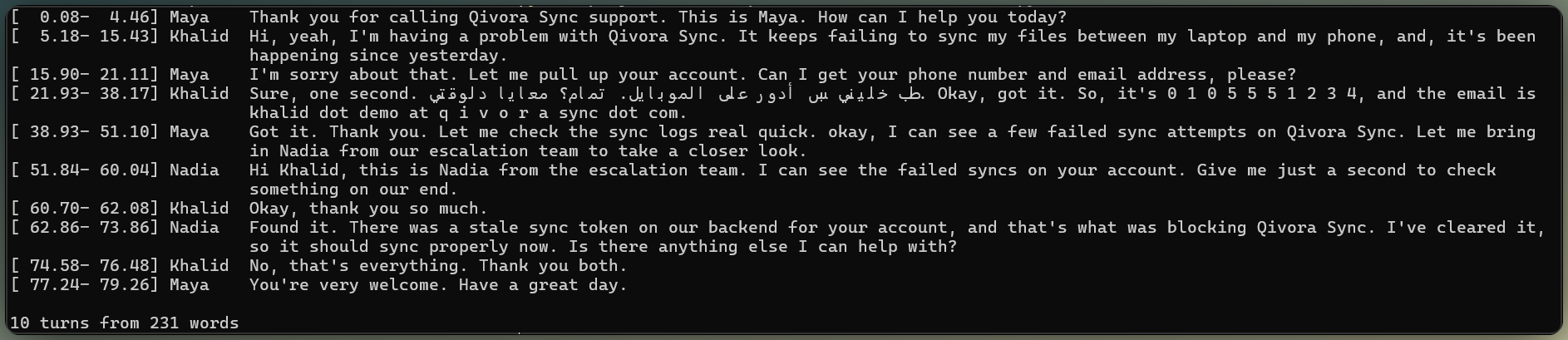 Diarized transcript of the Qivora Sync call showing three separated speaker turns with timestamps