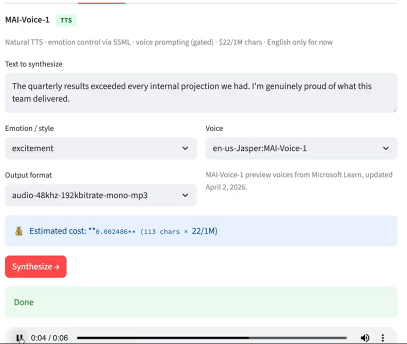Emotion control with MAI-Voice-1
