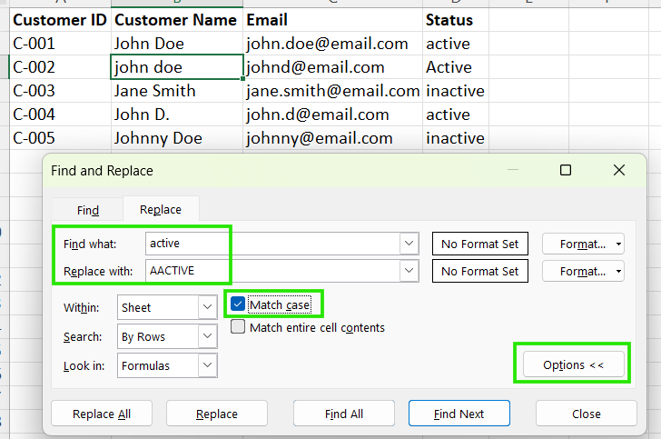Match case Replace option in Excel.