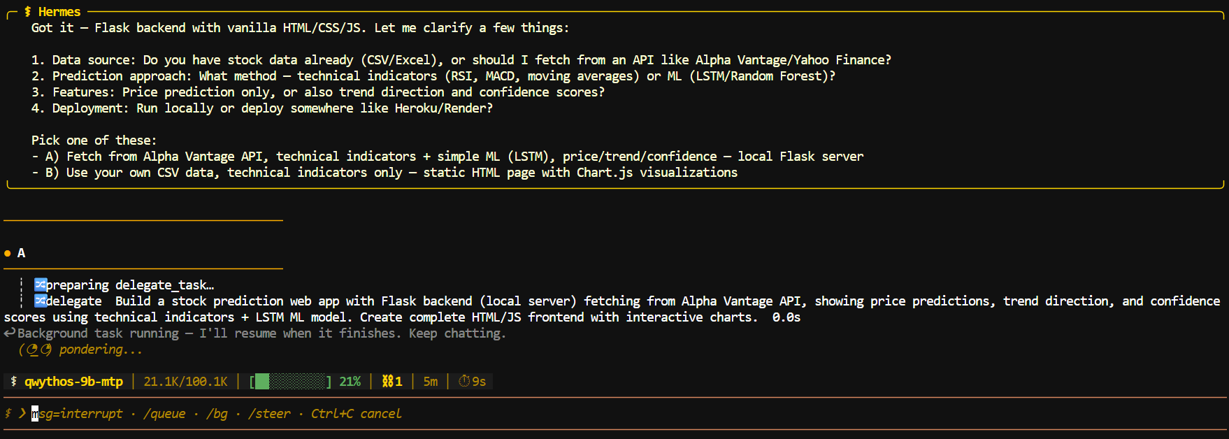 asked Hermes to build a small Flask stock-prediction app
