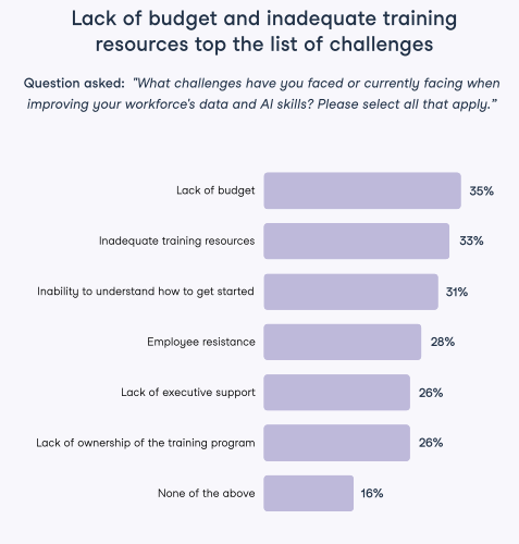 What challenges have you faced or currently facing when improving your workforce's data and AI skills?