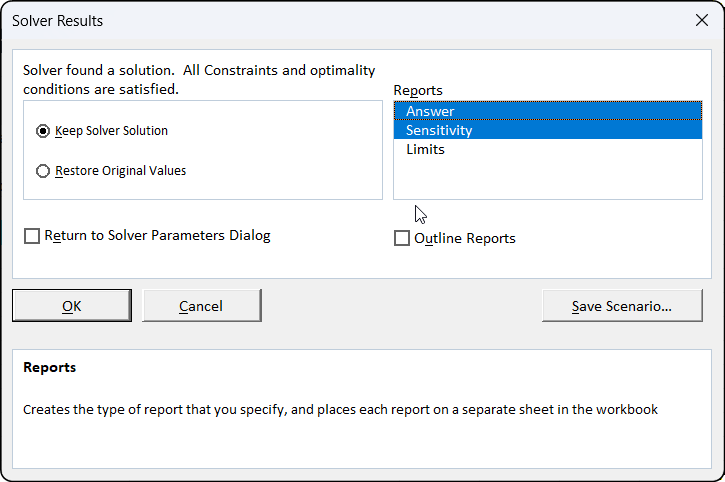 solving the model in Excel Solver