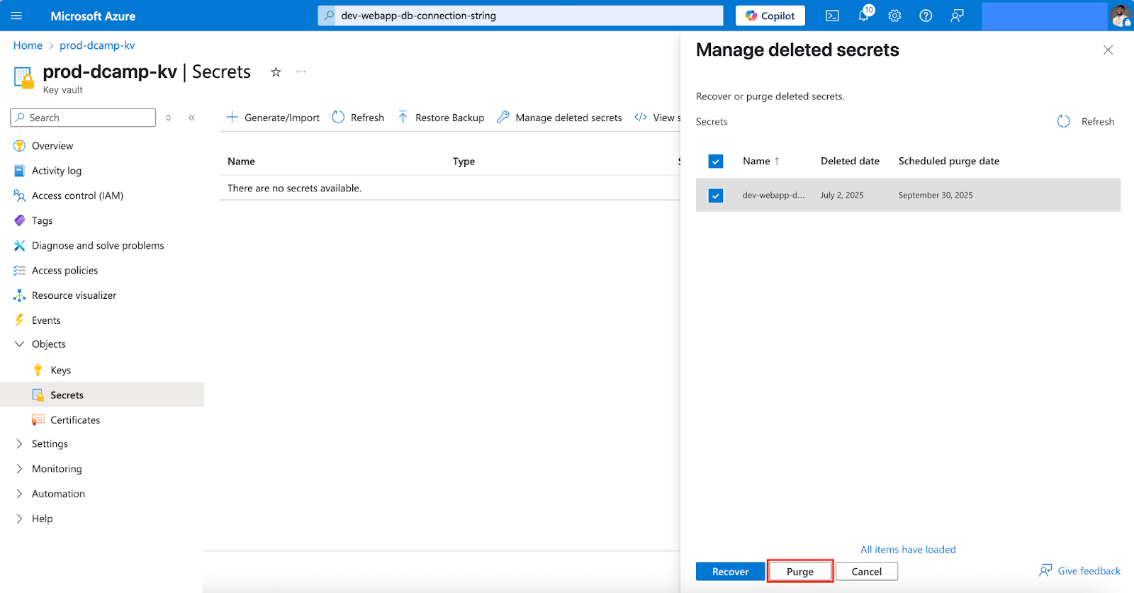 Screenshot of the deleted secrets list in Azure Key Vault. A deleted secret is selected, and the “Purge” button is highlighted to permanently remove the secret.