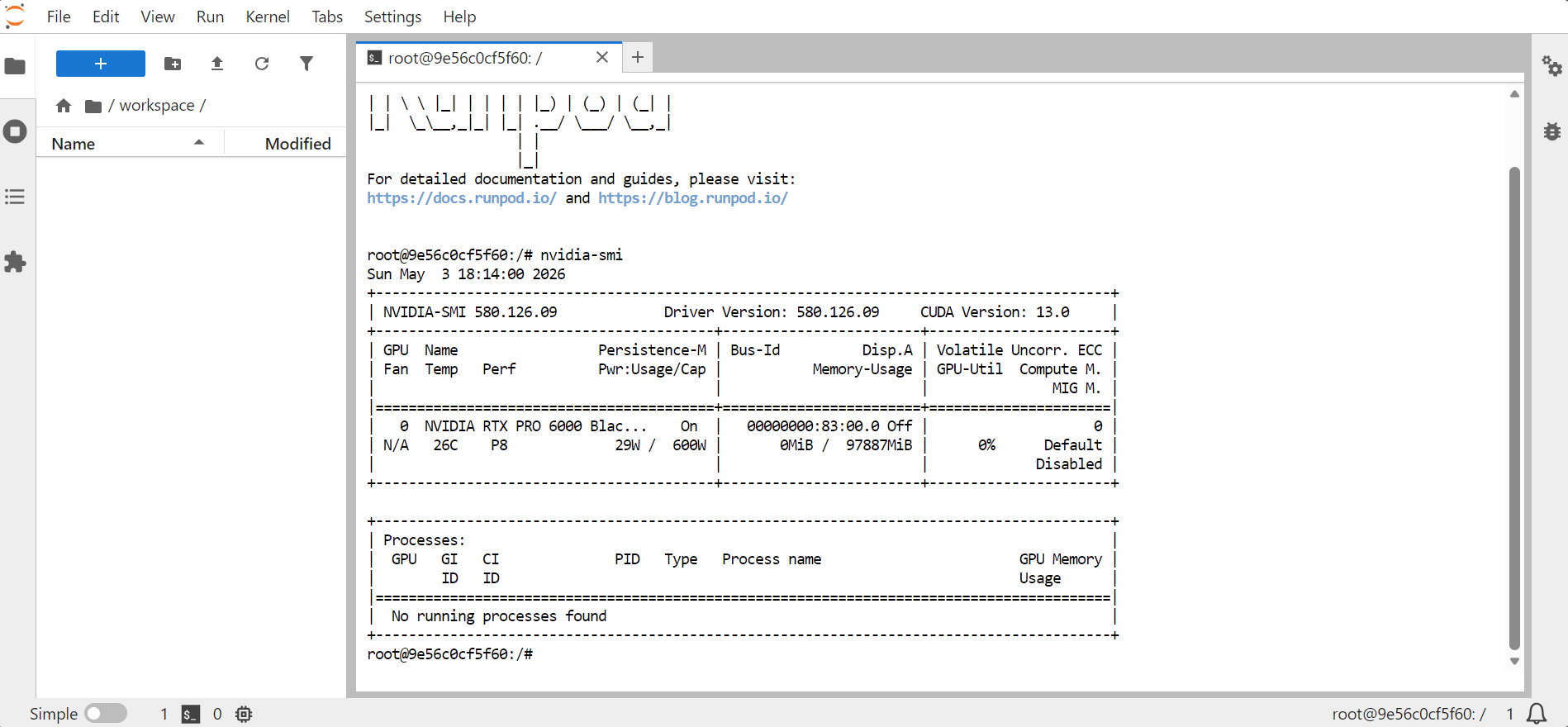 Checking the GPU version in the Runpod JupyterLab instance