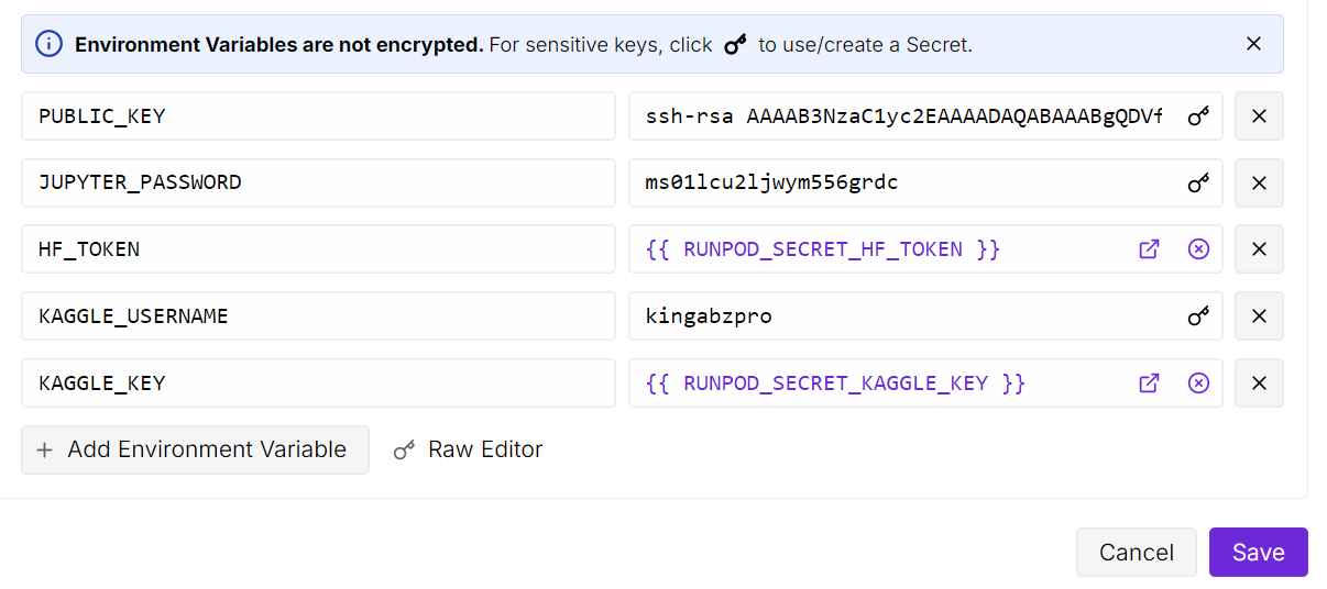 Configuración de la variable de entorno en Runpod