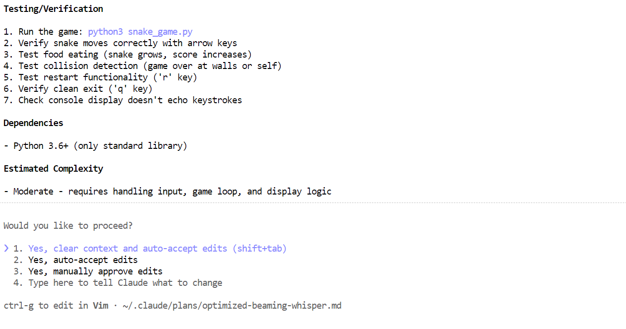 Approving the plan in the Claude Code