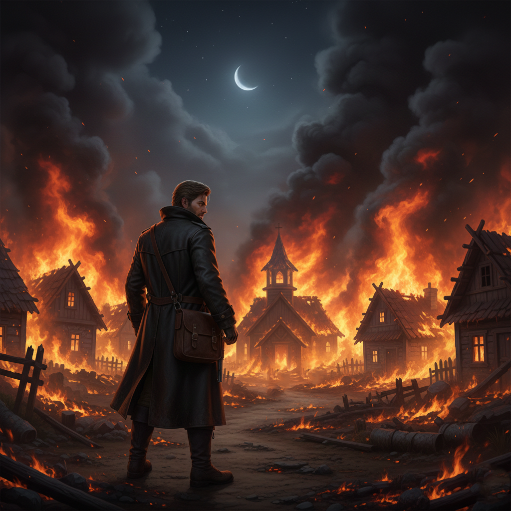 Initial frame. Kling AI character Elias in a long coat stands in front of a burning medieval village, cottages and a church ablaze under a crescent moon, smoke and embers rising—cinematic fantasy scene