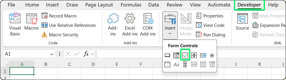 Developer tab Insert menu showing Form Controls checkbox icon