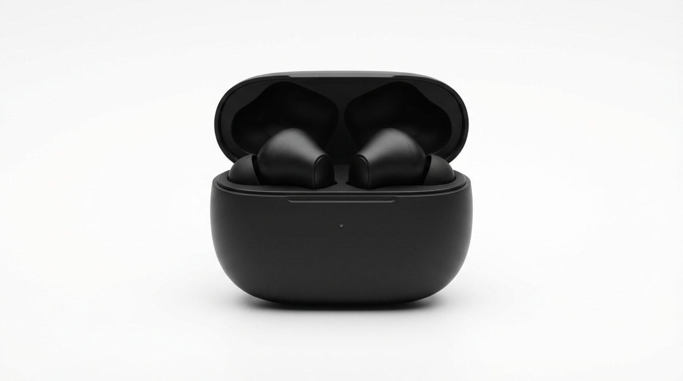 Premium wireless earbuds front view professional product photography by Nano Banana Pro showing clean studio lighting