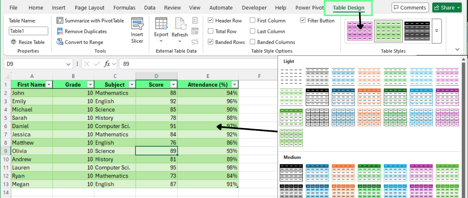 Choosing a different alternate color option for table in Excel.
