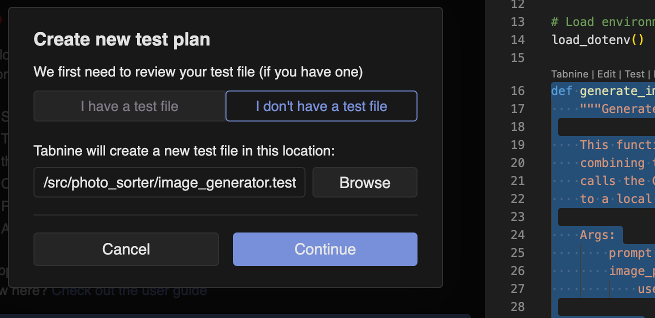 Interface Tabnine no VS Code mostrando a criação de um novo plano de teste com opções para revisar um arquivo de teste existente ou criar um novo, junto com recursos de edição de código Python.