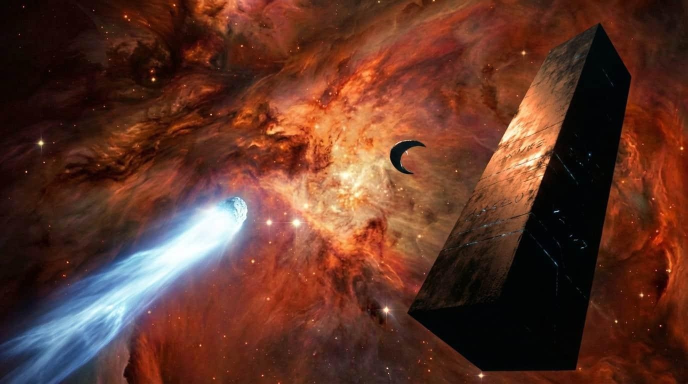 Scena spaziale epica che fonde nebulosa, cometa e monolite alieno usando la capacità multi-immagine di Nano Banana Pro