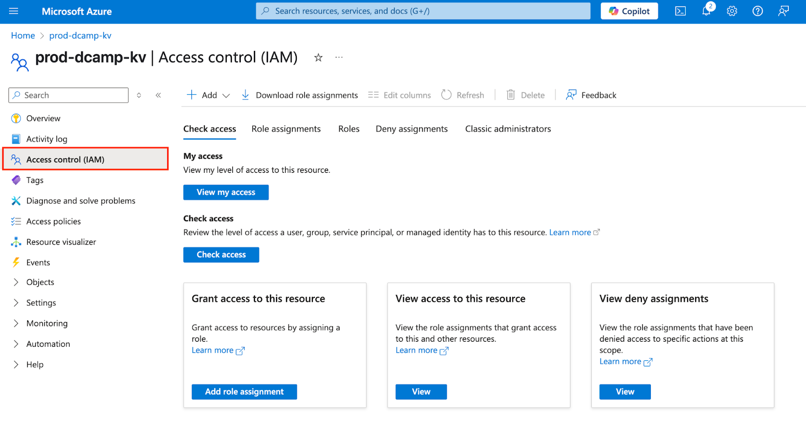 Screenshot of the Key Vault overview page in Azure. The left-hand menu is visible, with the “Access Control (IAM)” tab selected. The “Go to resource” button was previously clicked to reach this page.