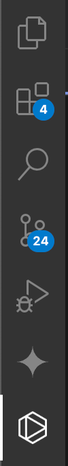 Barra lateral do Visual Studio Code mostrando o explorador de arquivos, pesquisa, controle de código-fonte, depurador, extensões e ícones do Tabnine.