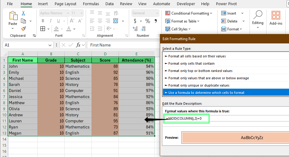 Color alternate columns using conditional formatting.