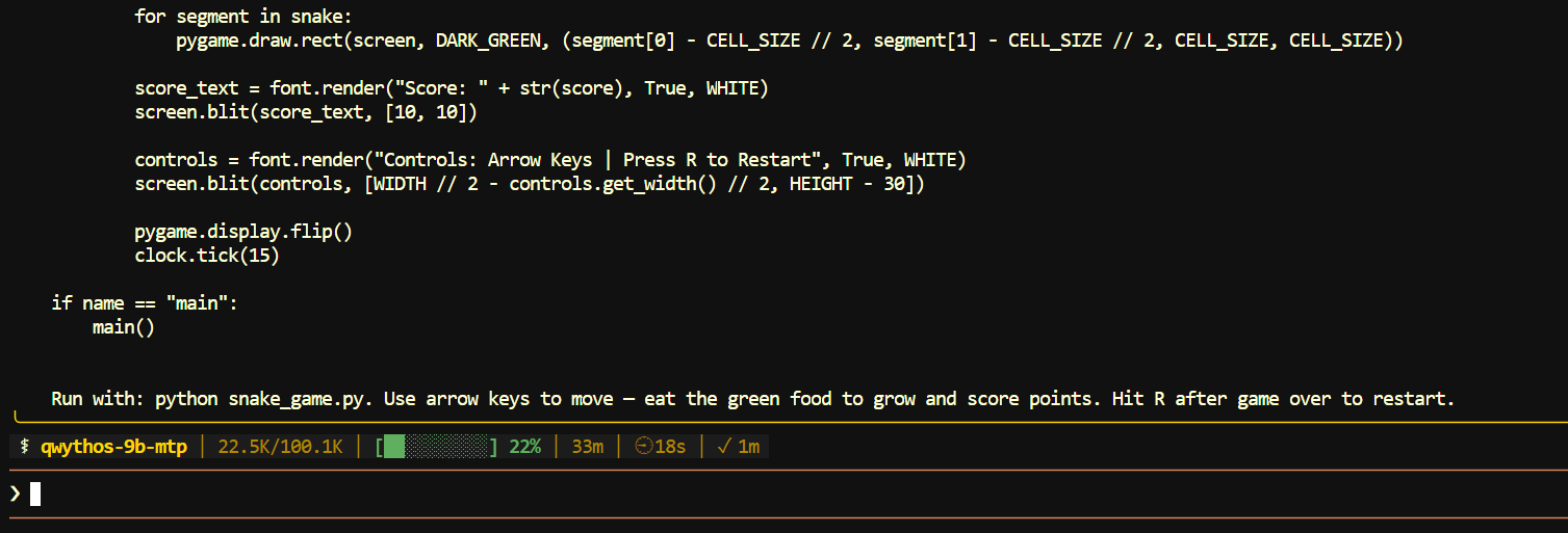 creating a playable Snake game in Hermes using the Qwythos-9B model